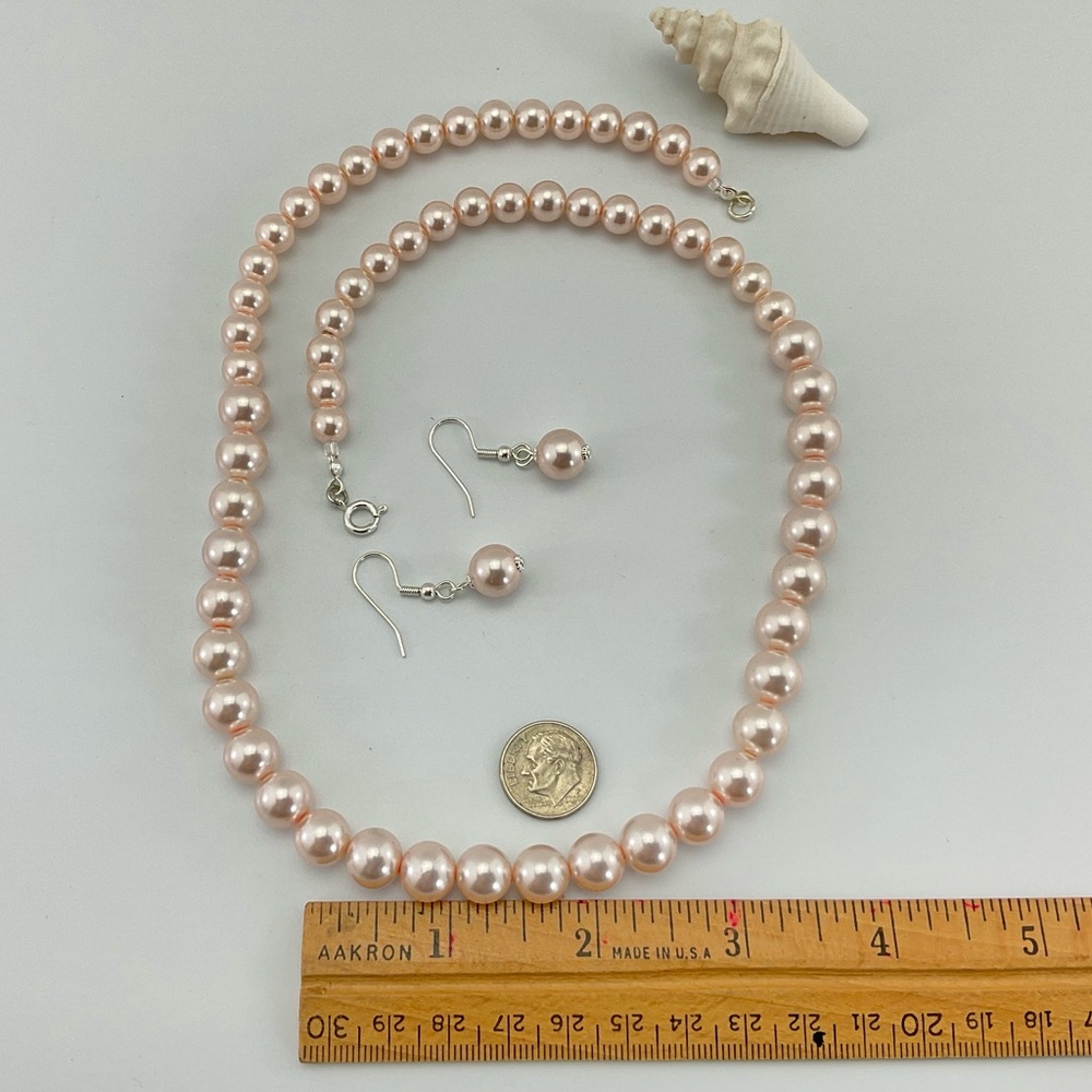 Light Pink Faux Pearl Necklace & Earring Set, Handmade, Pastel, Classic - Picture 9 of 14